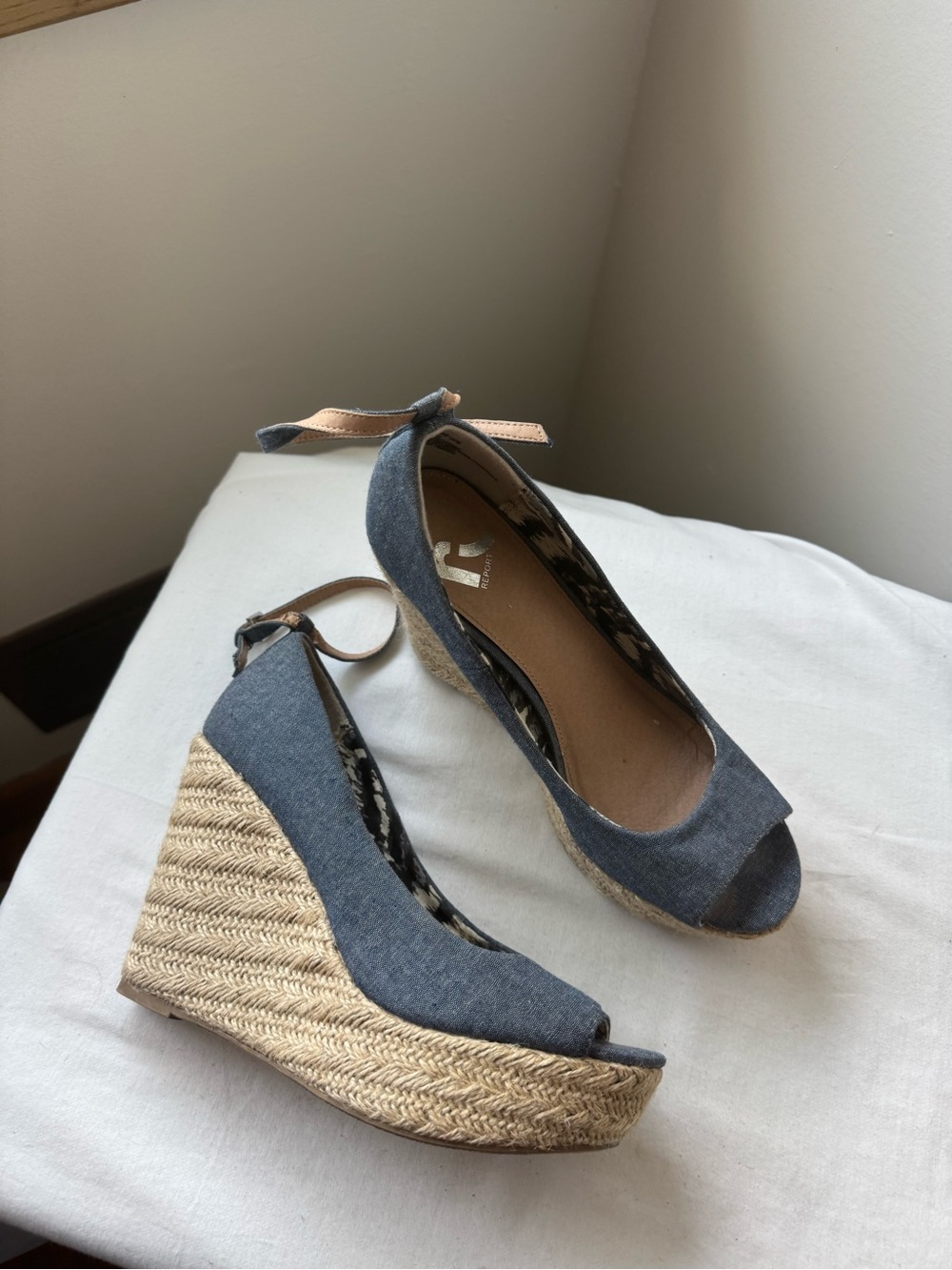 Report Blue Denim Espadrille Peep-Toe Wedge Heels Size 6.5